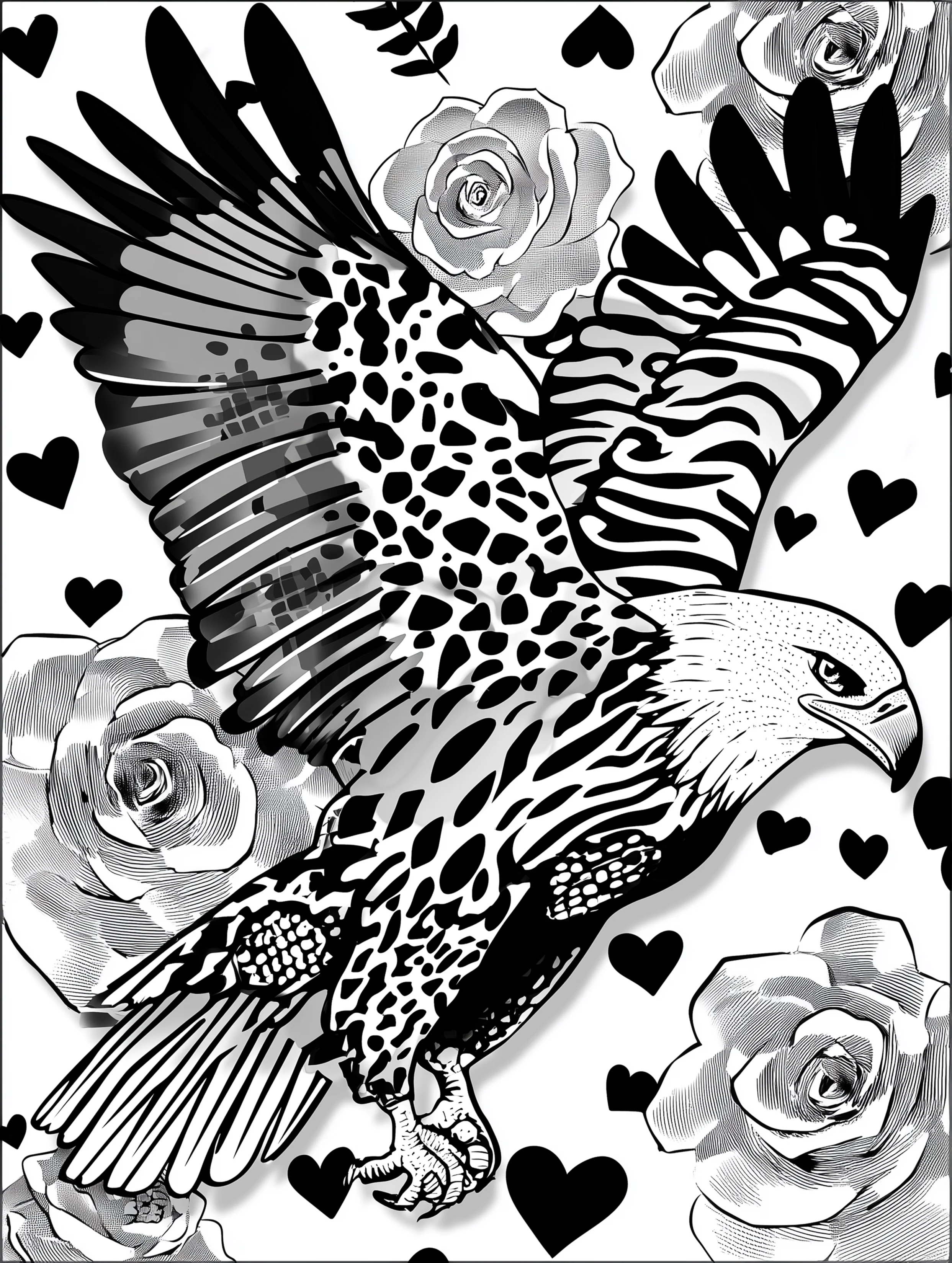Free printable eagle coloring page for adults featuring an eagle surrounded by hearts